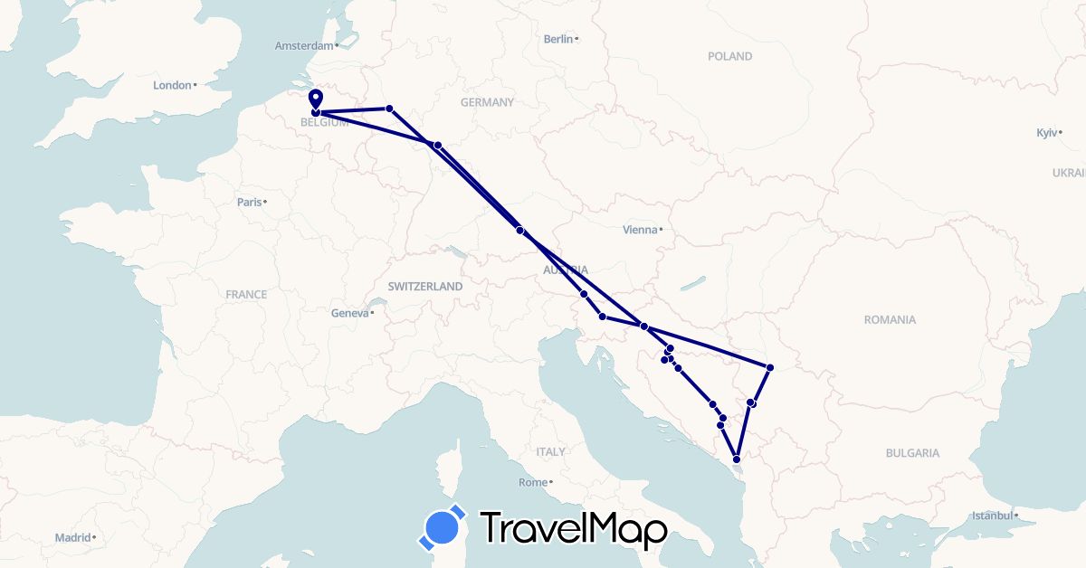 TravelMap itinerary: driving in Austria, Bosnia and Herzegovina, Belgium, Germany, Croatia, Montenegro, Serbia, Slovenia (Europe)